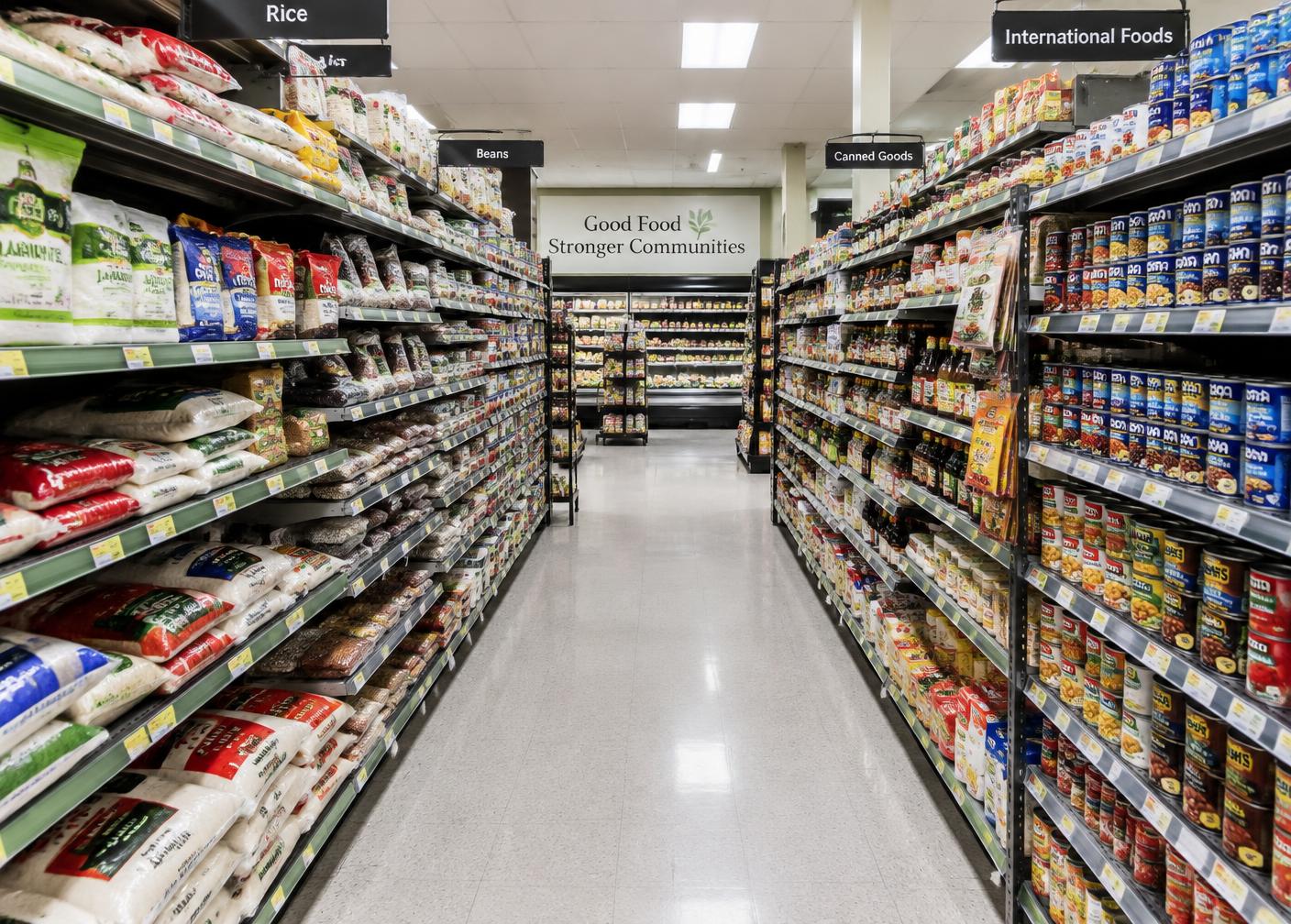 Grocery aisle stocked with rice, beans, canned goods and international foods