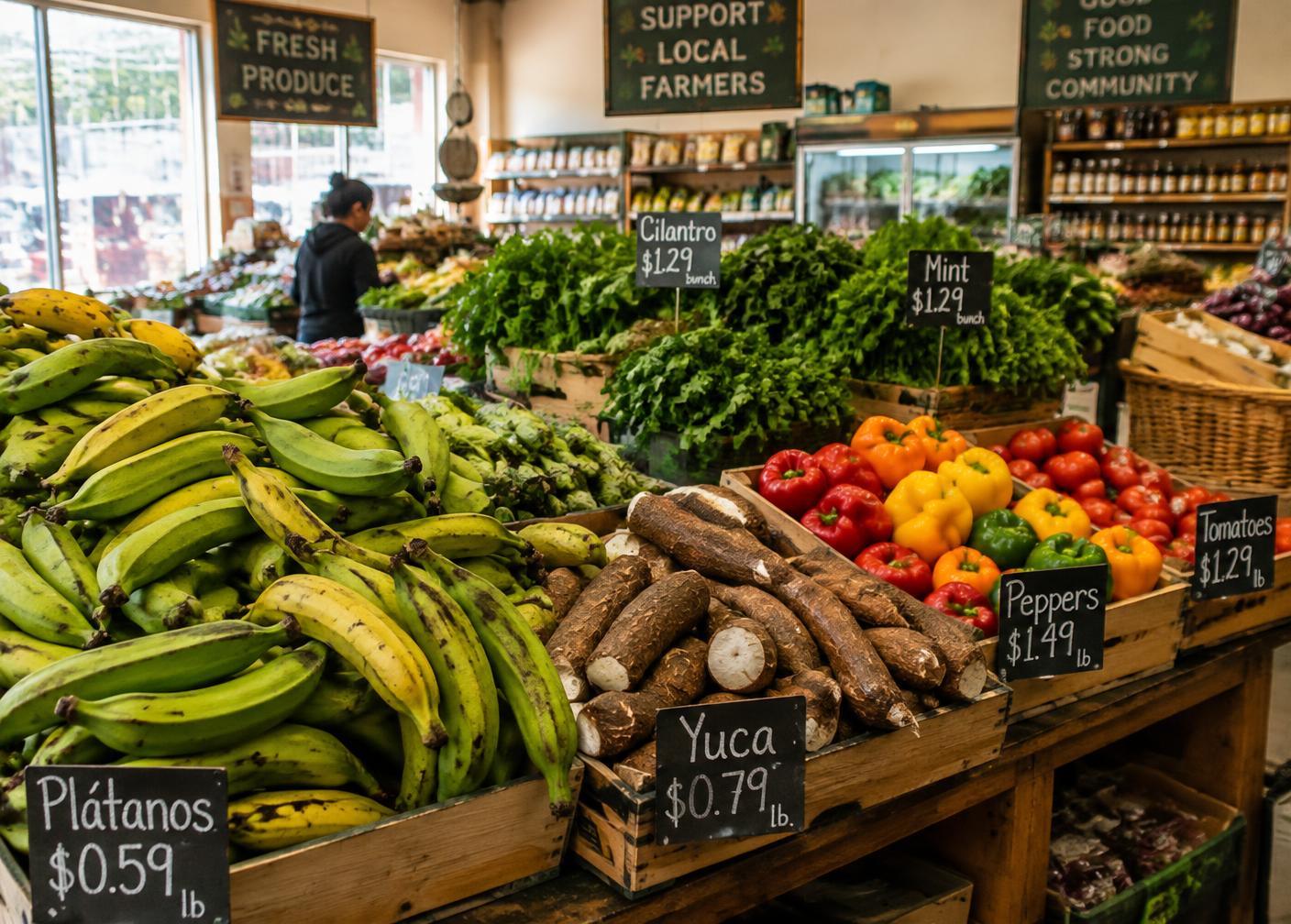 Fresh produce display with plantains, yuca, peppers and herbs